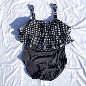 Swim 365 Polka Dot Ruffled One Piece Swimsuit Womens Plus 24W Black